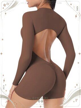 Zip Up Workout Jumpsuit Backless Long Sleeve Romper Bodysuit Nylon Spandex